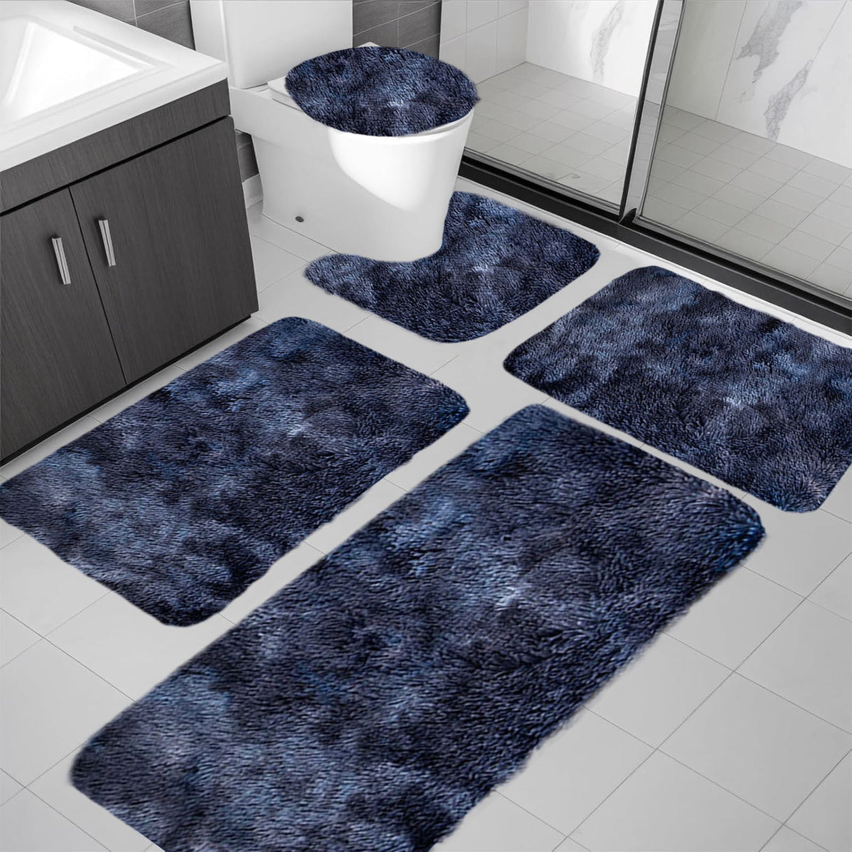 Tie-Dye Bathroom Rugs Sets, Non-Slip Bath Mat Set 5 Piece, Soft Comfortable Washable Bathroom Mat Set, Quicker Dry Bathroom Rug with Toilet Rug Dark Blue