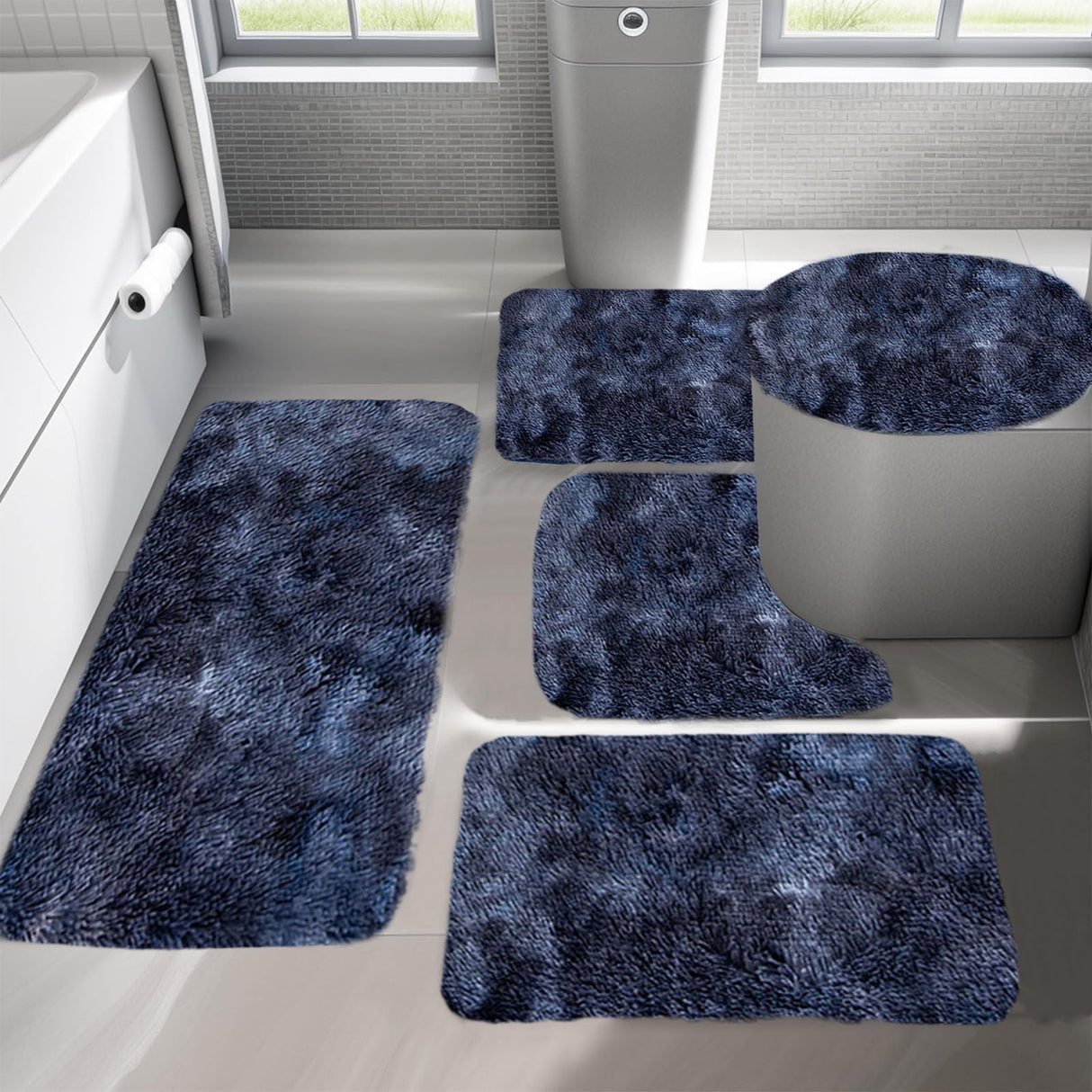 Tie-Dye Bathroom Rugs Sets, Non-Slip Bath Mat Set 5 Piece, Soft Comfortable Washable Bathroom Mat Set, Quicker Dry Bathroom Rug with Toilet Rug Dark Blue
