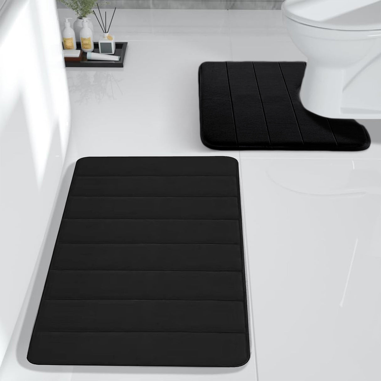 Memory Foam Toilet Rug, Non-Slip Bathroom Rugs, Toilet Rugs U Shaped Washable, Commode Contour Rug, Soft Comfortable Super Water Absorption #2_Black