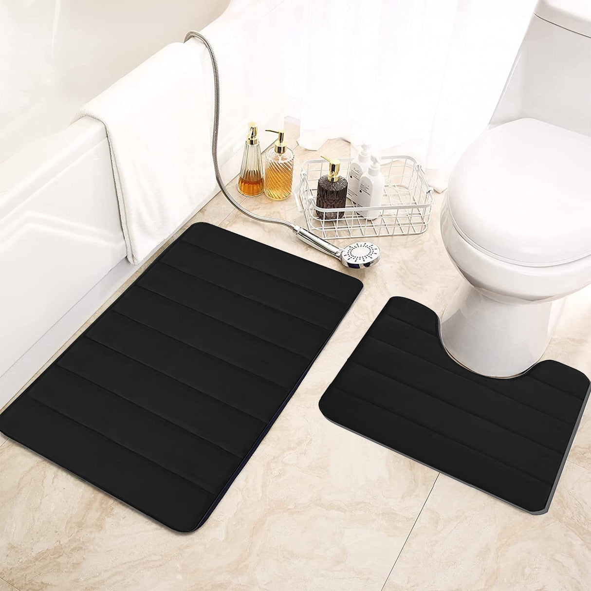 Memory Foam Toilet Rug, Non-Slip Bathroom Rugs, Toilet Rugs U Shaped Washable, Commode Contour Rug, Soft Comfortable Super Water Absorption #2_Black