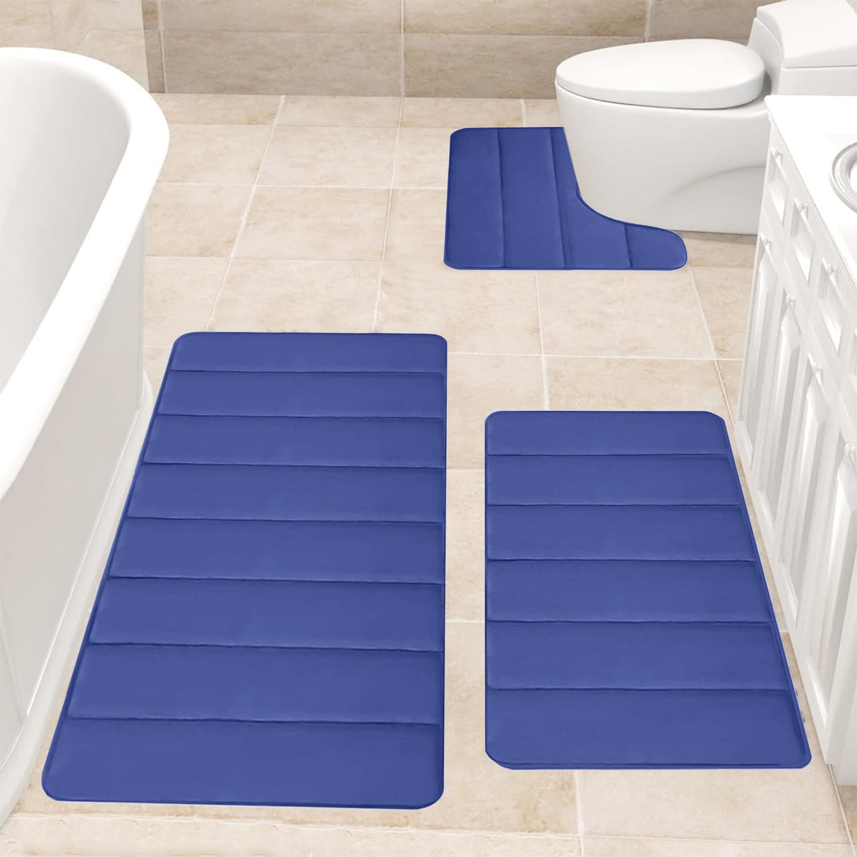 Memory Foam Toilet Rug, Non-Slip Bathroom Rugs, Toilet Rugs U Shaped Washable, Commode Contour Rug, Soft Comfortable Super Water Absorption #3_Blue