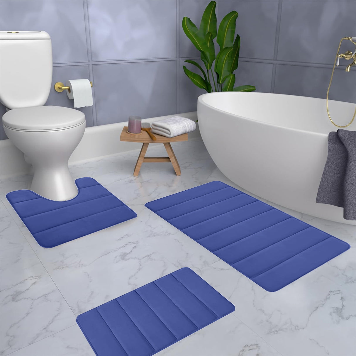 Memory Foam Toilet Rug, Non-Slip Bathroom Rugs, Toilet Rugs U Shaped Washable, Commode Contour Rug, Soft Comfortable Super Water Absorption #3_Blue
