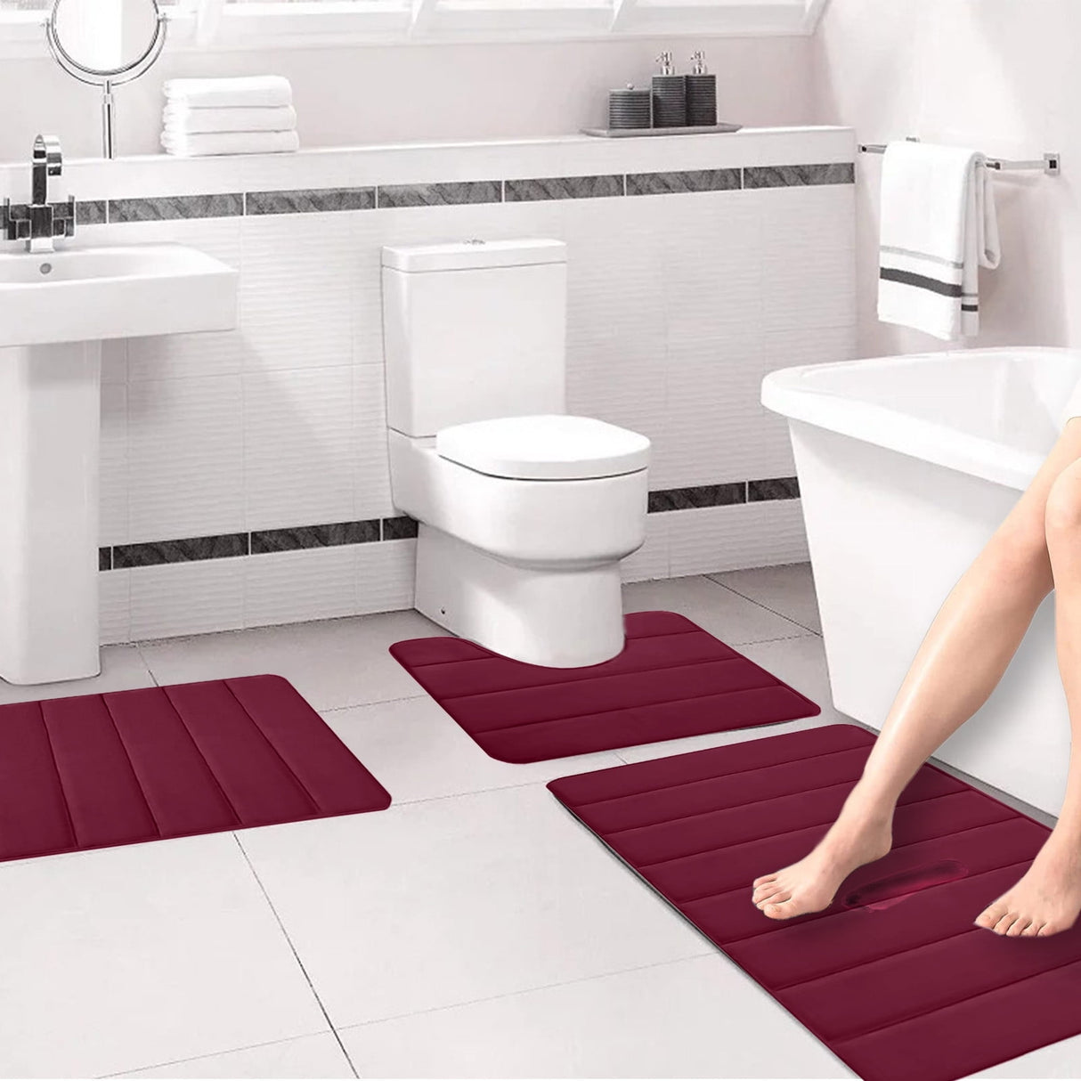 Memory Foam Toilet Rug, Non-Slip Bathroom Rugs, Toilet Rugs U Shaped Washable, Commode Contour Rug, Soft Comfortable Super Water Absorption #3_Red