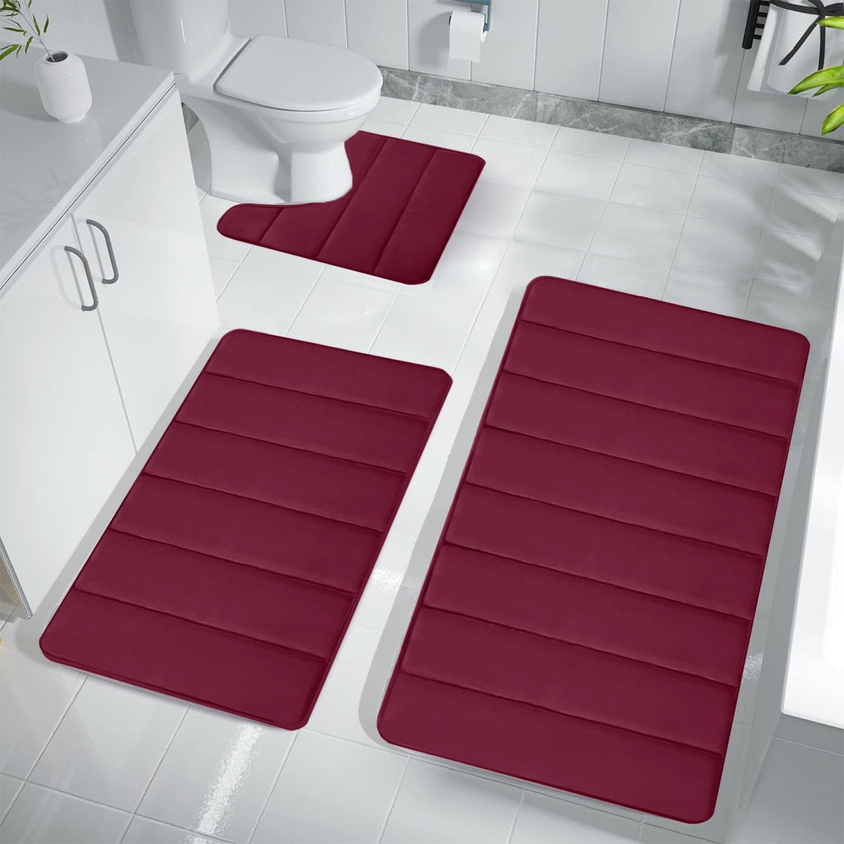 Memory Foam Toilet Rug, Non-Slip Bathroom Rugs, Toilet Rugs U Shaped Washable, Commode Contour Rug, Soft Comfortable Super Water Absorption #3_Red