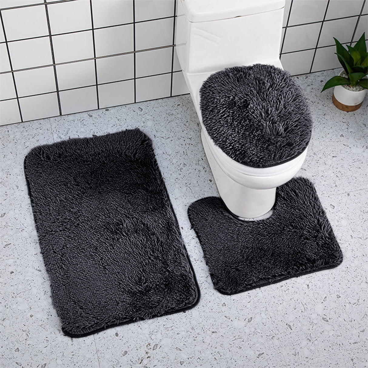 Bathroom Rugs Sets, Non-Slip Bath Mat Set 3 Piece, Soft Comfortable Washable Bathroom Mat Set, Quicker Dry Bathroom Rug with Toilet Rug Black