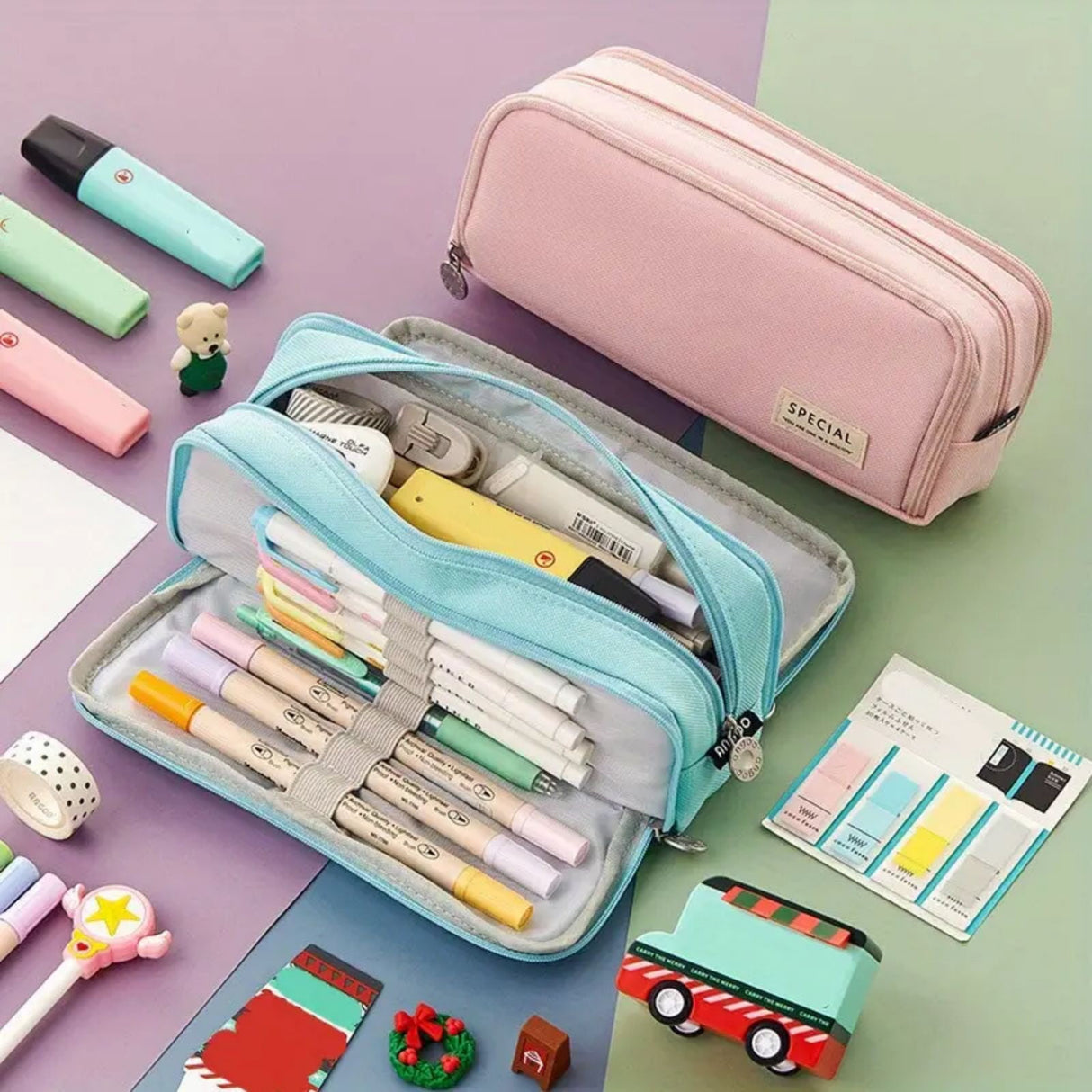 Pencil Case Large Capacity Pencil Pouch, Multi-layer Aesthetic Pen Bag, Sturdy Multifunctional Pencil Bag, Pencil Box, Sky Blue Black