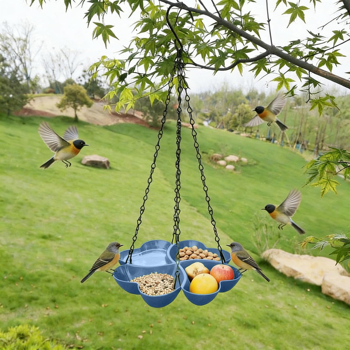 Bird Feeders for Outdoors Hanging Bird Feeder Wild Birds Feeder, Birdfeeders Outside Hanging, Wild Small Large Bowl Feeders for Garden (Diameter 15.7", Hight 1.97") Q_Blue