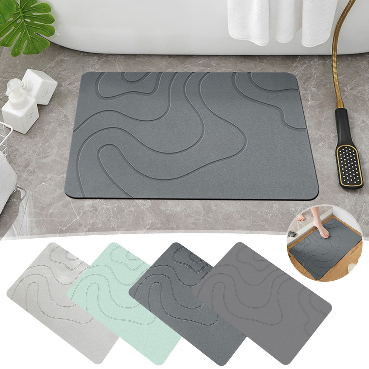 Stone Bath Mat, 16x24" Quick Drying Diatomaceous Earth Bath Mat Super Absorbent Non Slip Stone Bath Mats Washable Rug for Bathroom Floor Kitchen Shower Dark Gray