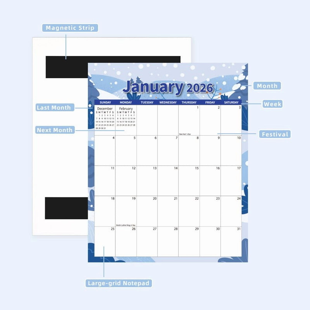 Magnetic Calendar for Refrigerator 2026-2027, 12x10" 18 Month Runs Monthly Fridge Calendar Magnet from Jan 2026 to Jun 2027 for Home School Office Snow