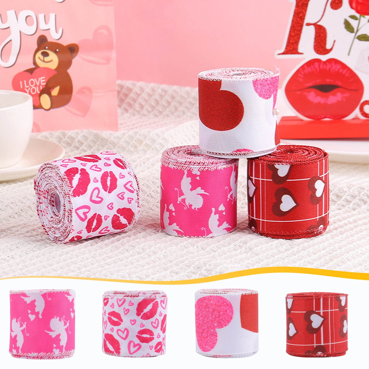 Valentine Wired Ribbon Heart Love Themed Fabric Ribbons for Gifts Wrapping Crafts Wreath Bow Decorations C