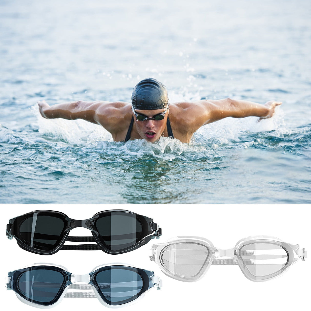 Large Frame Swim Goggles for Adults - Electroplated Anti-Fog HD Myopia Swimming Goggles with Adjustable Nose Cover, Leak-Proof Seal for Men & Women, Pool & Open Water by 15_Anti-Glare Swimming Goggles Adult_BU
