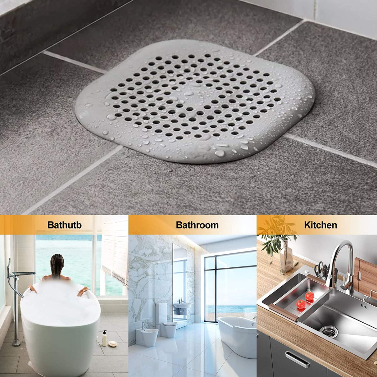 2 PackHair Catcher,Square Hair Drain Cover for Shower Silicone Hair Stopper with Suction Cup,Easy to Install Suit for Bathroom,Bathtub,Kitchen (Grey)
