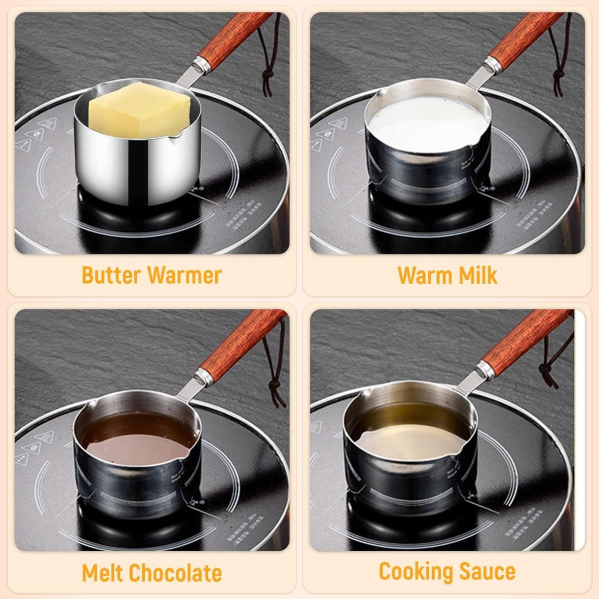 Bakeware Oil Pouring Pot 80Ml, Stainless Steel Pan Mini Milk Warmer Pot Soup Pan with Wooden Handle Small Saucepan for Butter Warmer Heating Milk Cooking A