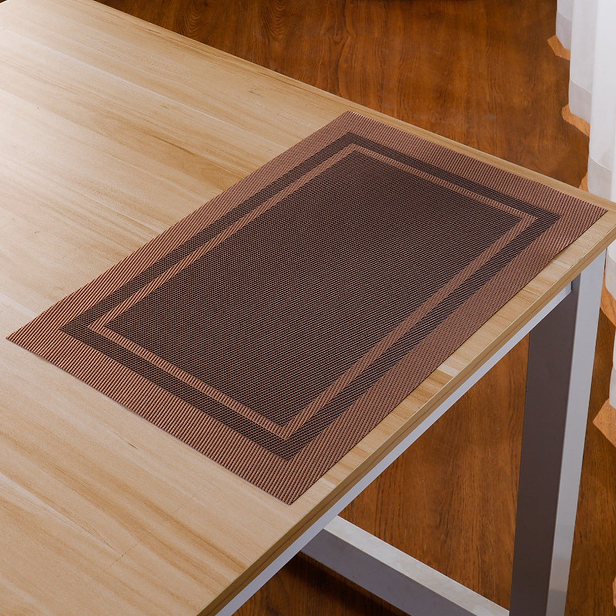Elegant Woven Vinyl PVC Dining Placemats, Stain‑Resistant Heat‑Proof Non‑Slip Table Mats with Matching Coasters for Home Kitchen, Brown