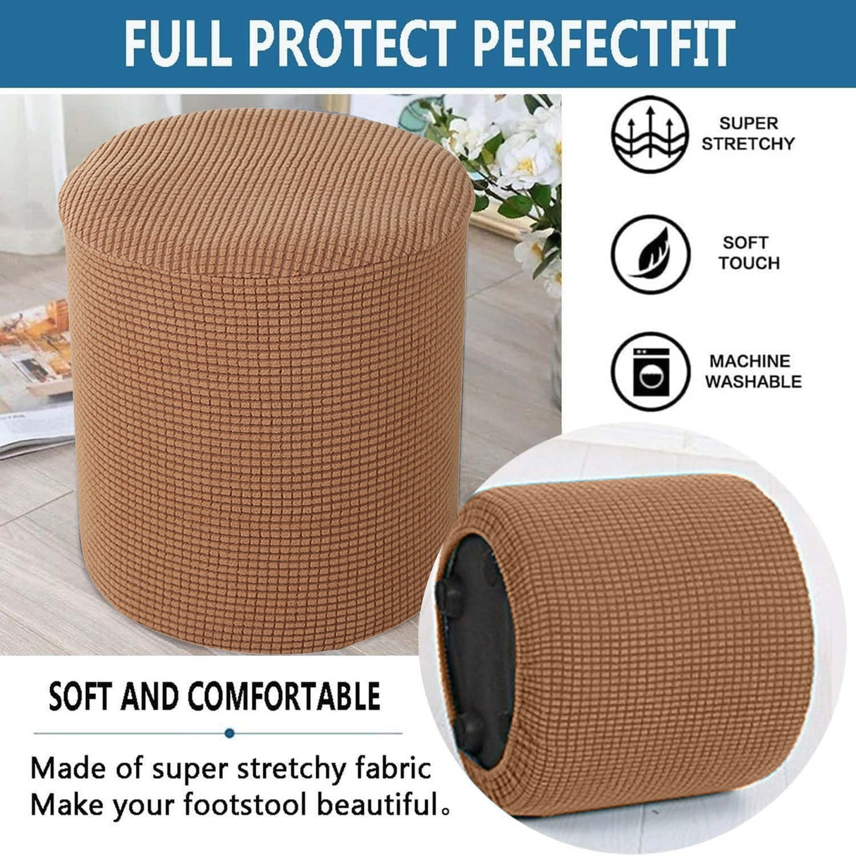 1 Sofa Cover Cover Slipcover Round Foot Stool Cover Footstool Cover Footrest Ottoman Foot Pouffe Protector with Elastic Bottom Washable One Size Coffee