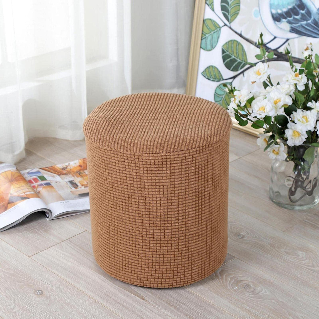1 Sofa Cover Cover Slipcover Round Foot Stool Cover Footstool Cover Footrest Ottoman Foot Pouffe Protector with Elastic Bottom Washable One Size Coffee