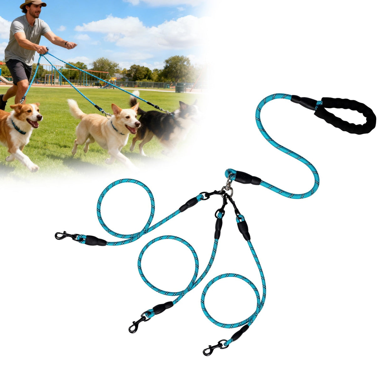 3 Dog Leash No Tangle, Heavy Duty Multiple Dog Lead Shock Absorbing Bungee, Triple Bungee Leash, Reflective Dog Leash Free Multi Pet Walking Rope with Detachable, Black Blue