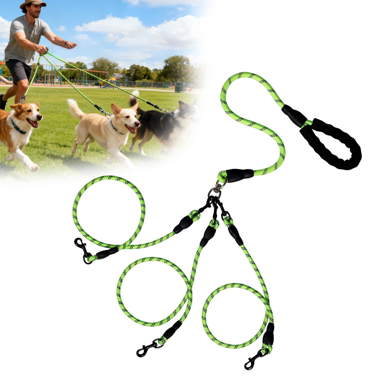 3 Dog Leash No Tangle, Heavy Duty Multiple Dog Lead Shock Absorbing Bungee, Triple Bungee Leash, Reflective Dog Leash Free Multi Pet Walking Rope with Detachable, Black Green