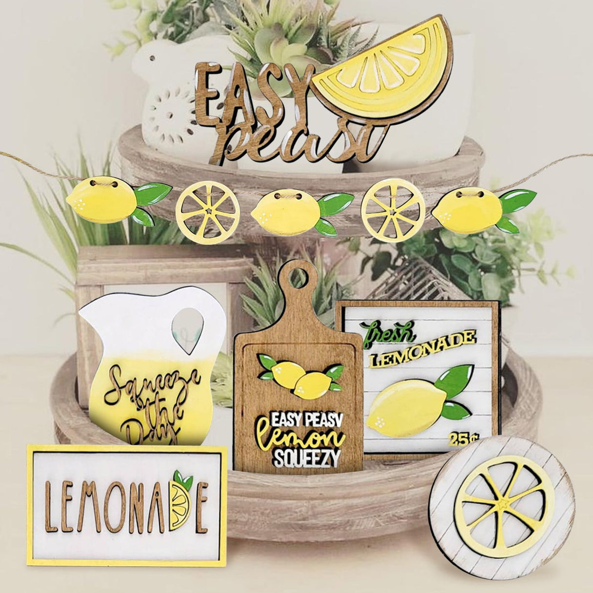 Wooden Signs Mini Graduation Lemon Tiered Summer Farm Tiered Rustic Tray Style Wooden Decor Decorations Tray Desktop Ornament Yellow