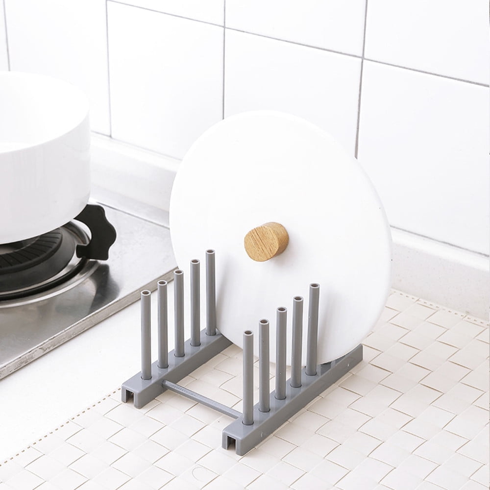 Dish Rack, Rack , Kitchen Plastic Pot Lid Shelf Cooking Storage Kitchen Decor Tool Stand Holder Grey