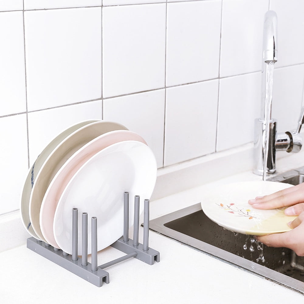 Dish Rack, Rack , Kitchen Plastic Pot Lid Shelf Cooking Storage Kitchen Decor Tool Stand Holder Grey