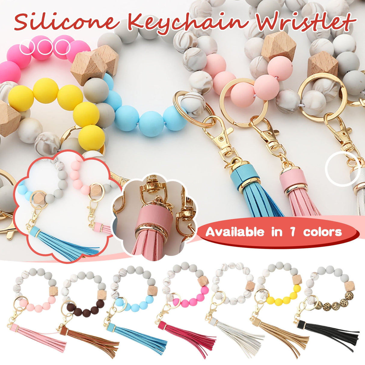 Hanging Ornament Silicone Key Ring Bracelet, Women Beaded Bangle Keychain Wristlet Leather Tassel B