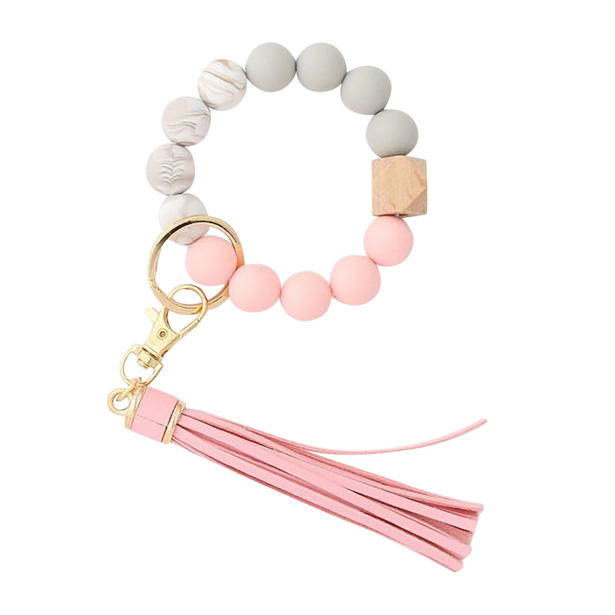 Hanging Ornament Silicone Key Ring Bracelet, Women Beaded Bangle Keychain Wristlet Leather Tassel G