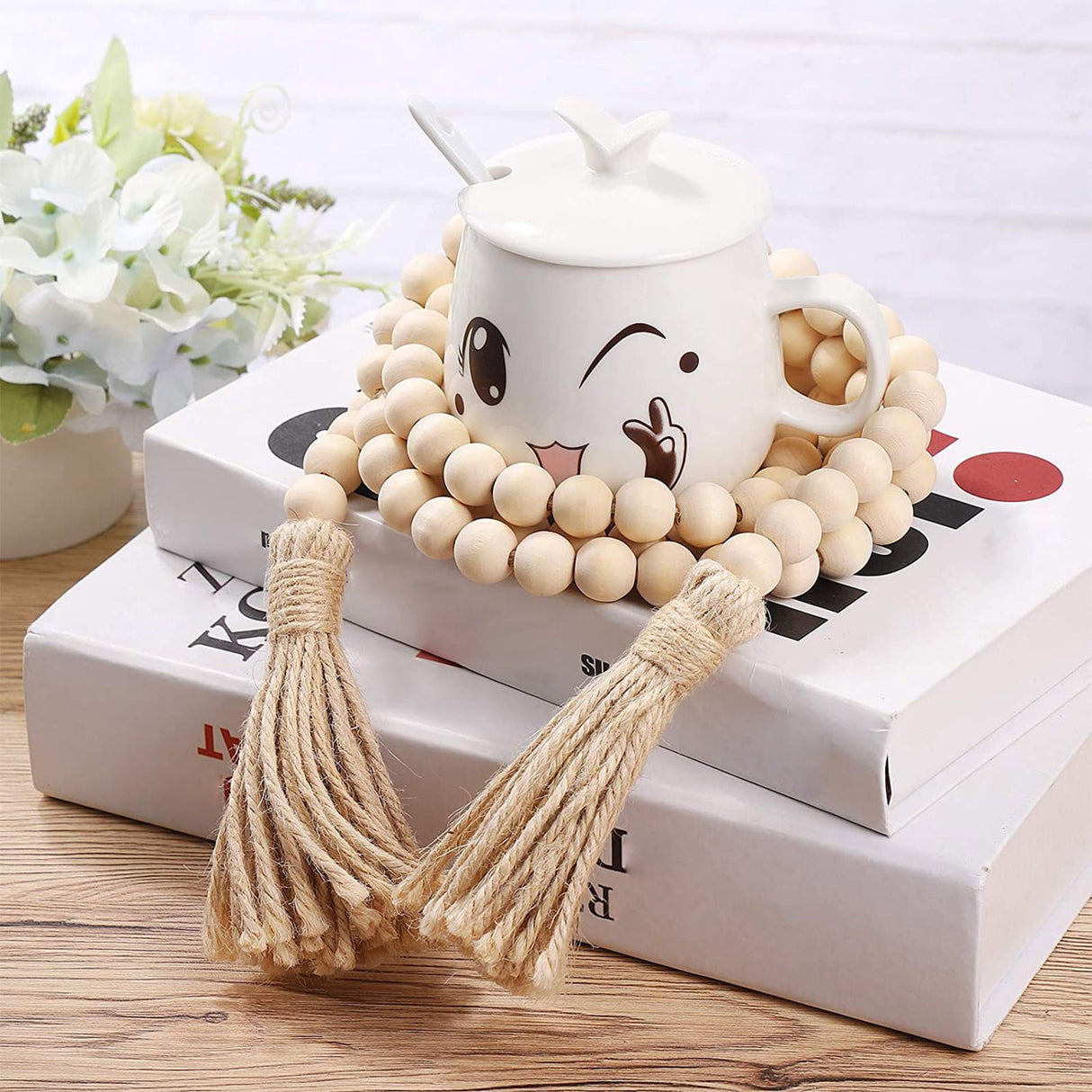 Twine Beaded, Desktop Ornament Promotion, 58In Wood Bead Garland with Tassels Farmhouse Beads Rustic Nature Country Decor Prayer Boho Beads Wall Hanging Decoration Beige