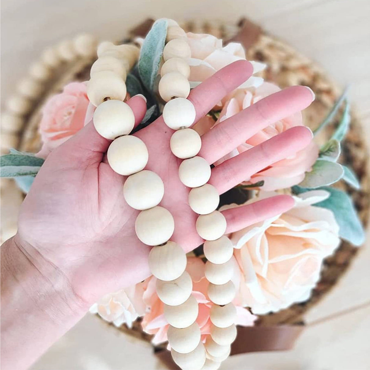 Twine Beaded, Desktop Ornament Promotion, 58In Wood Bead Garland with Tassels Farmhouse Beads Rustic Nature Country Decor Prayer Boho Beads Wall Hanging Decoration Beige