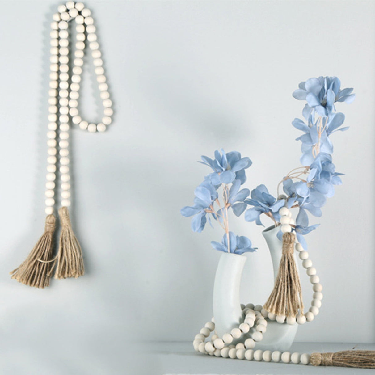 Twine Beaded, Desktop Ornament Promotion, 58In Wood Bead Garland with Tassels Farmhouse Beads Rustic Nature Country Decor Prayer Boho Beads Wall Hanging Decoration Beige