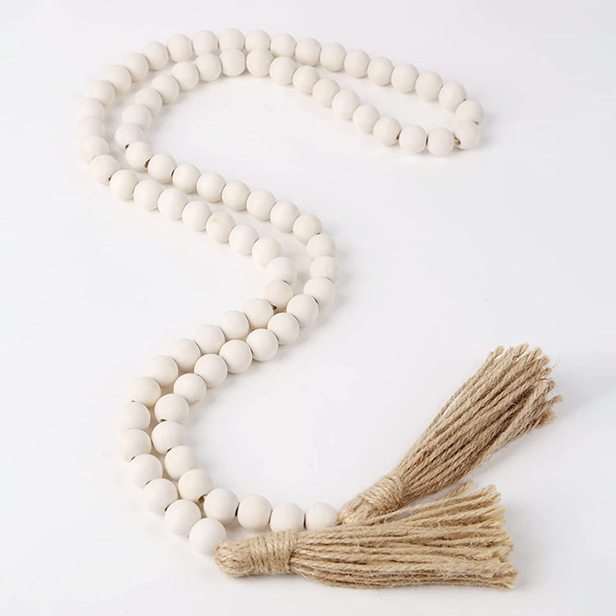 Twine Beaded, Desktop Ornament Promotion, 58In Wood Bead Garland with Tassels Farmhouse Beads Rustic Nature Country Decor Prayer Boho Beads Wall Hanging Decoration Beige