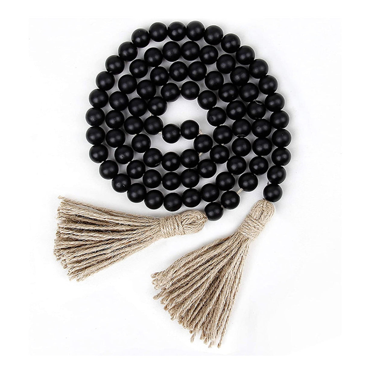Twine Beaded, Desktop Ornament Promotion, 58In Wood Bead Garland with Tassels Farmhouse Beads Rustic Nature Country Decor Prayer Boho Beads Wall Hanging Decoration Beige Black