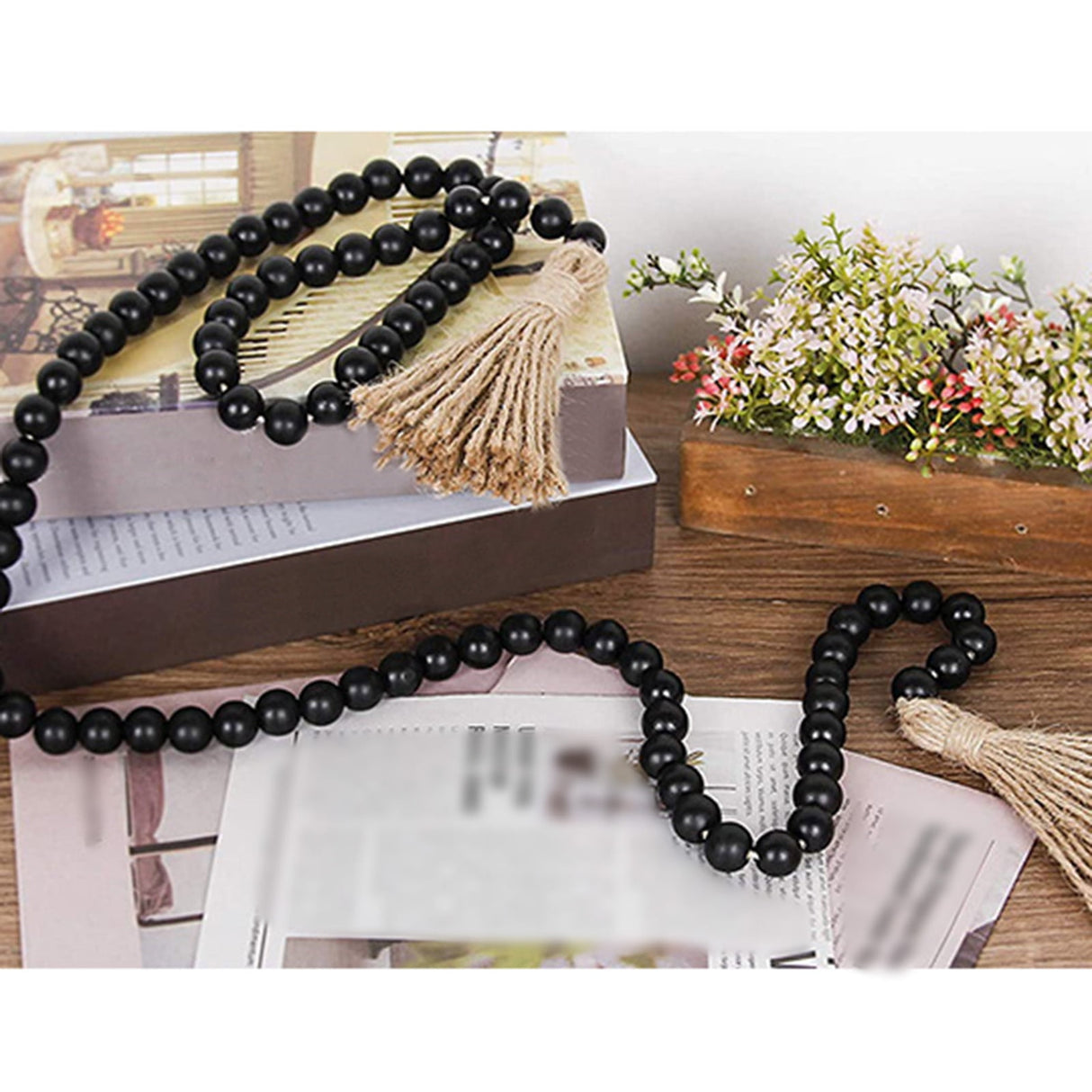 Twine Beaded, Desktop Ornament Promotion, 58In Wood Bead Garland with Tassels Farmhouse Beads Rustic Nature Country Decor Prayer Boho Beads Wall Hanging Decoration Beige Black