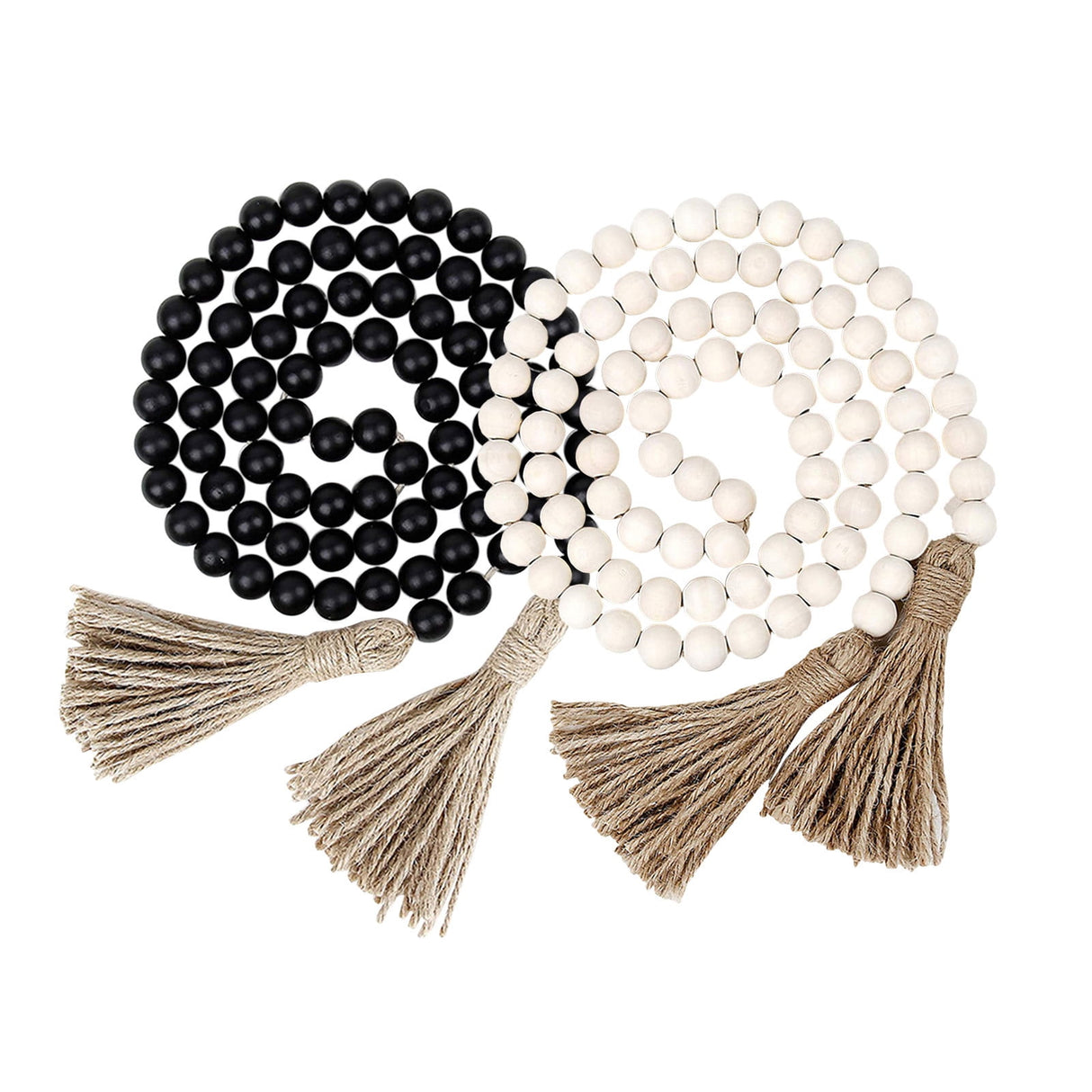 Twine Beaded, Desktop Ornament Promotion, 58In Wood Bead Garland with Tassels Farmhouse Beads Rustic Nature Country Decor Prayer Boho Beads Wall Hanging Decoration Beige Black