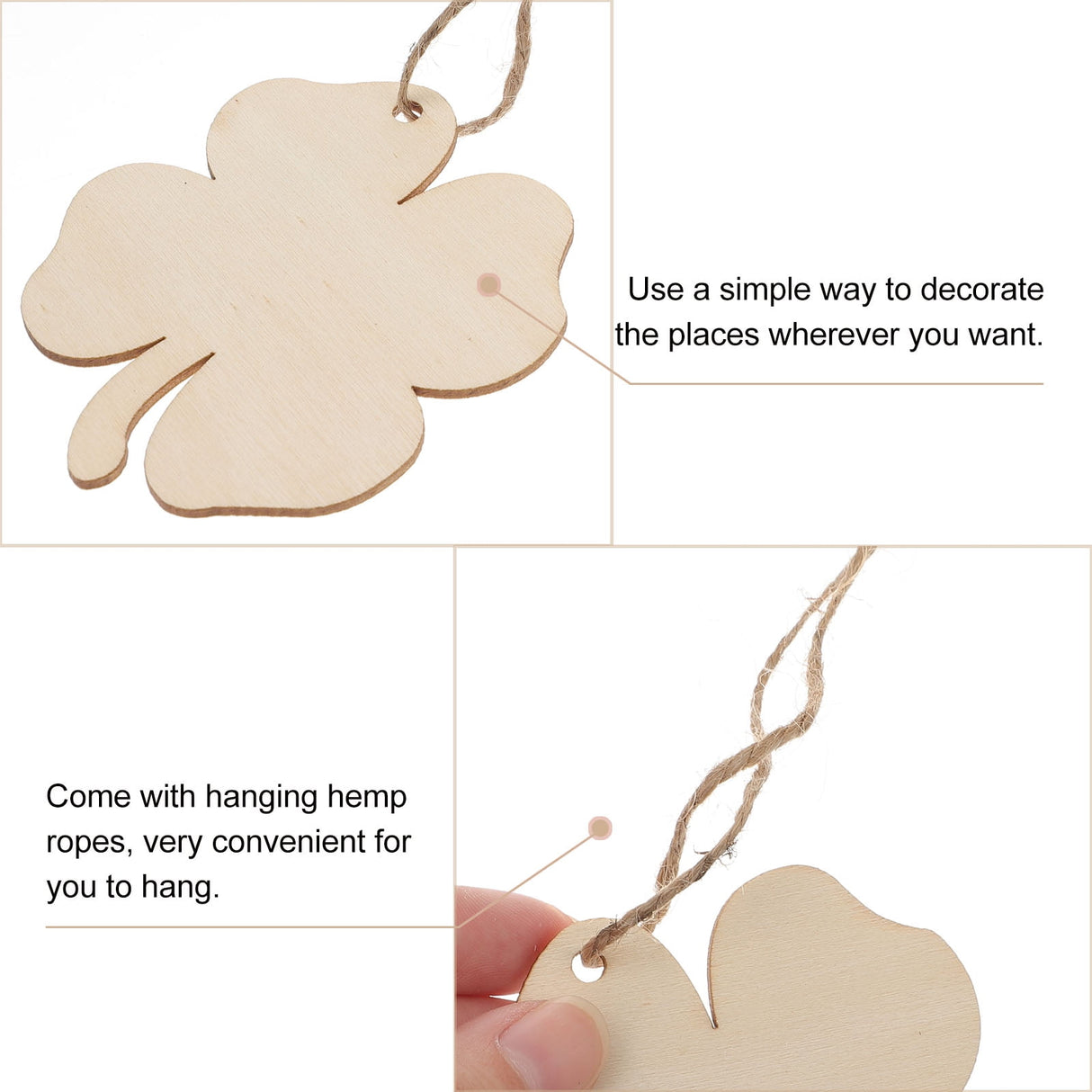 20pcs Four Leaf Ornaments Hanging Decor Unfinished Wooden Ornaments Wooden Shamrock Cutouts Wooden Slices Party Favors for DIY Crafts Beige