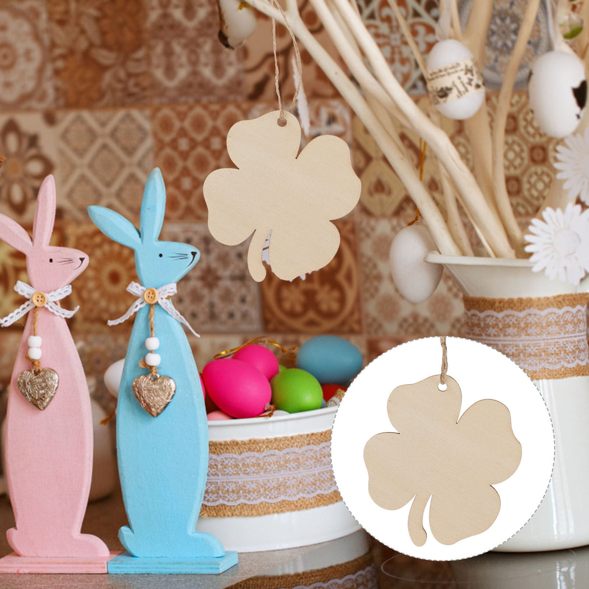 20pcs Four Leaf Ornaments Hanging Decor Unfinished Wooden Ornaments Wooden Shamrock Cutouts Wooden Slices Party Favors for DIY Crafts Beige