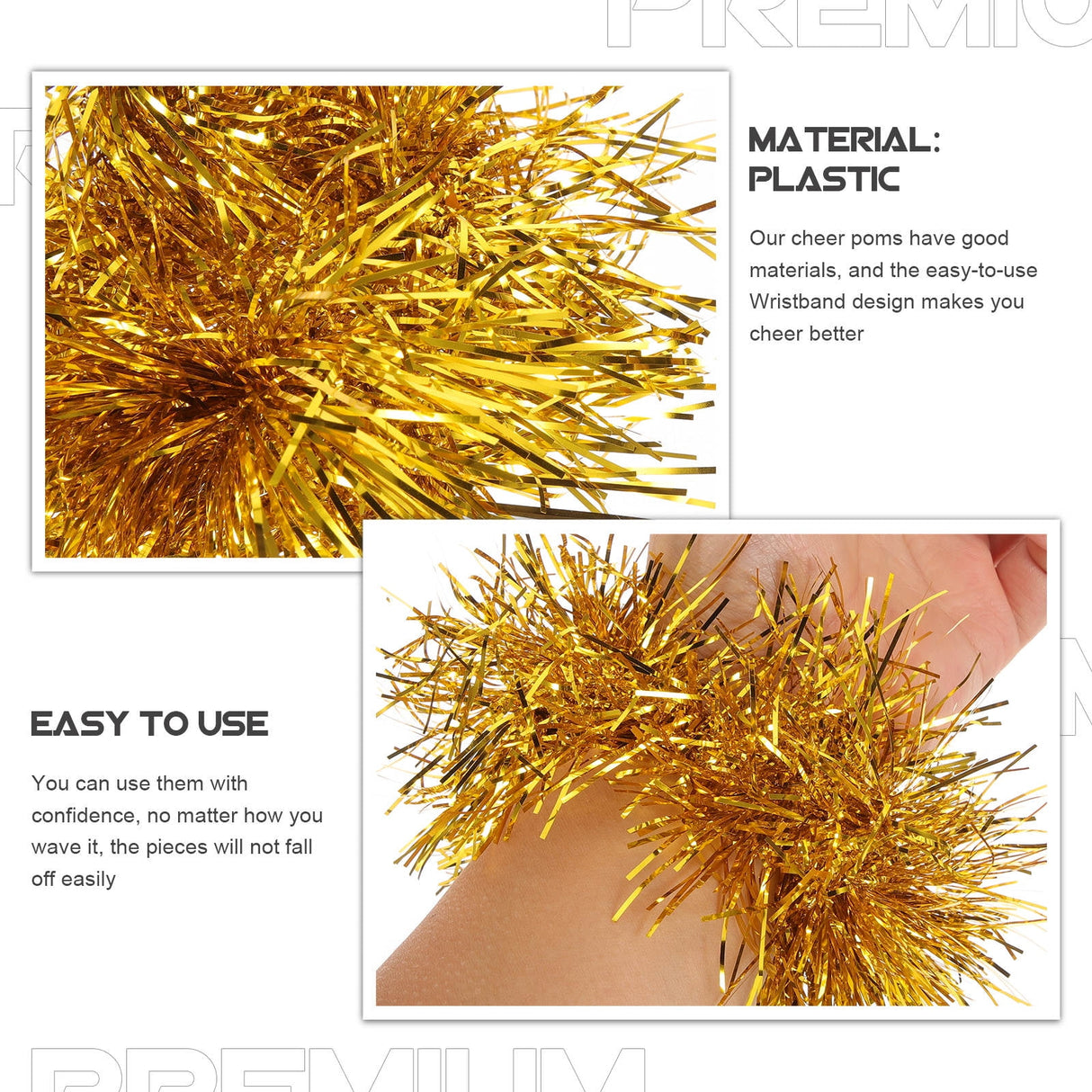 Worgeous Golden Cheerleading Pom Poms Plastic Durable with Wristband for Sports Events and Dance Parties