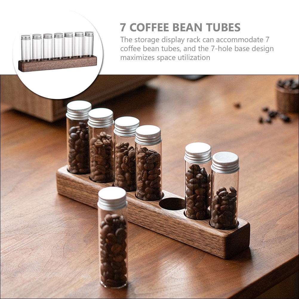 Worgeous Coffee Bean Tube Dispenser with Wood Rack for Home Use Clear Glass Bottles and Sealed Storage 7 Tubes