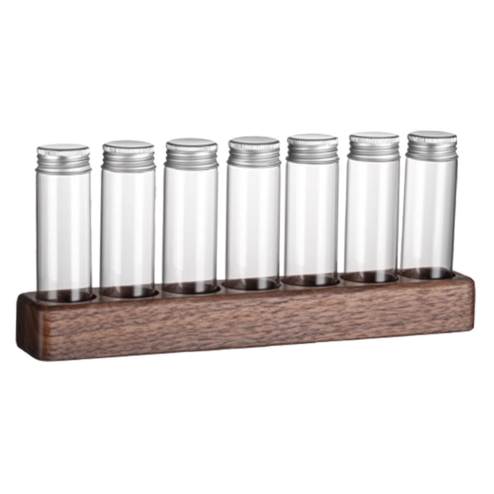 Worgeous Coffee Bean Tube Dispenser with Wood Rack for Home Use Clear Glass Bottles and Sealed Storage 7 Tubes