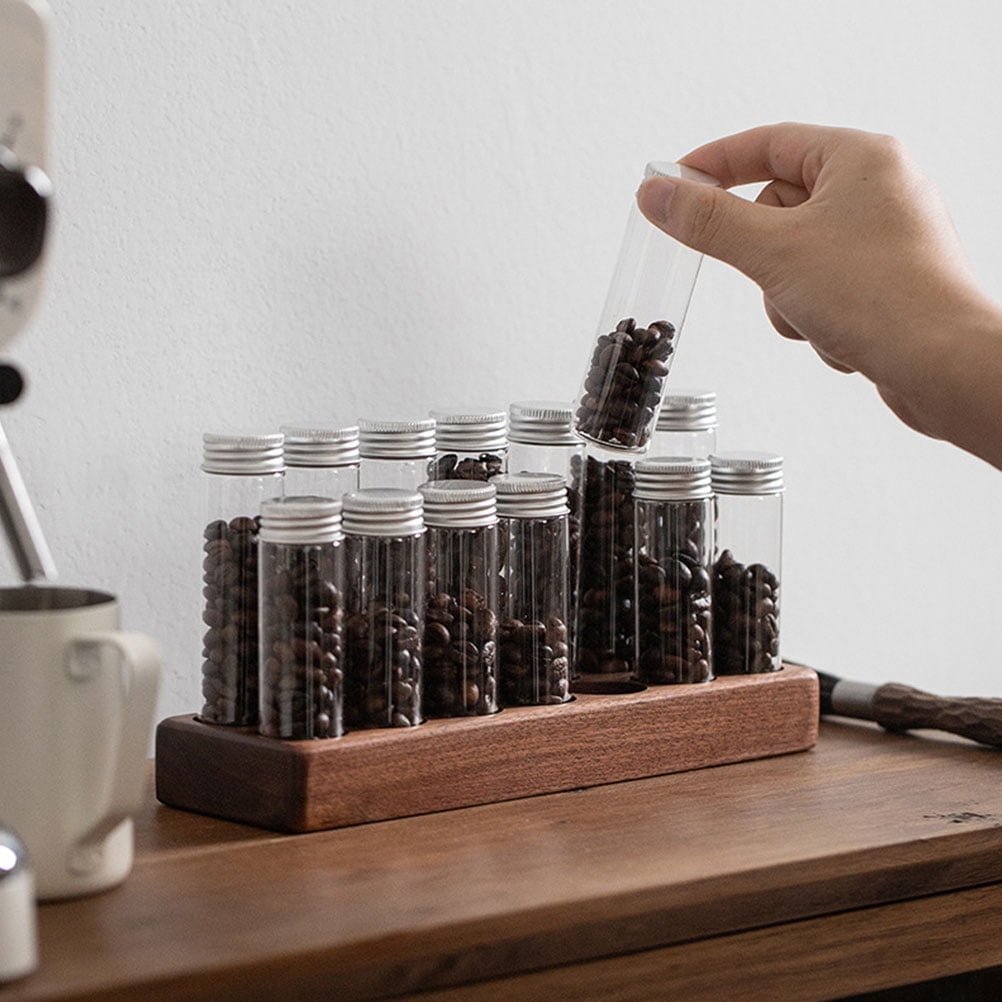 Worgeous Coffee Bean Tube Dispenser with Wood Rack for Home Use Clear Glass Bottles and Sealed Storage 7 Tubes