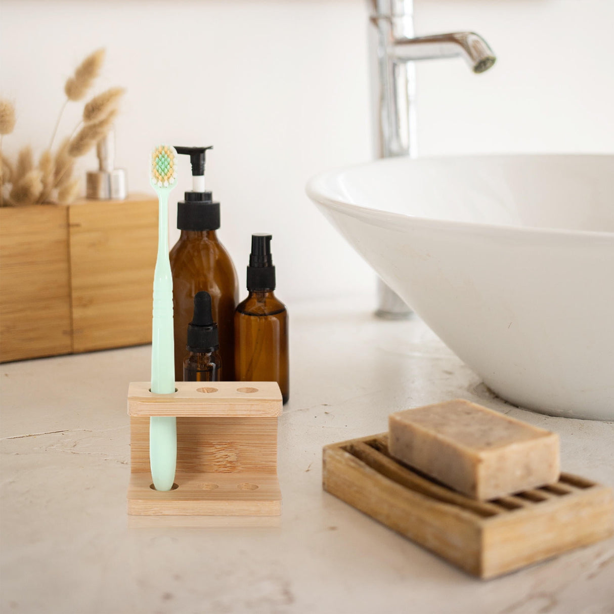 Tooth Brush Organizer Toothbrush Holder Khaki Bamboo 1Set