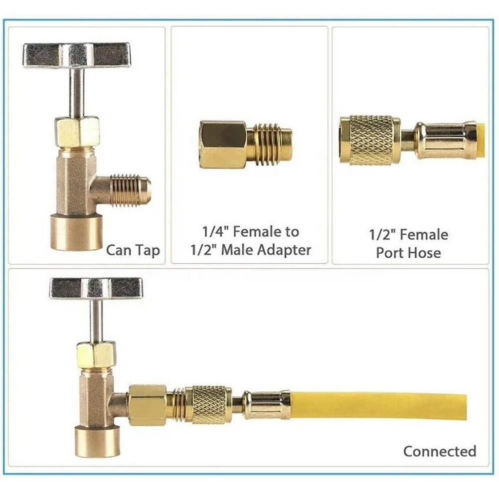 R134A A/C Can Tap With Tank Adapter For 1/4" And 1/2" Ac Charging Hoses 1/2\'\' Acme Female 1/4\'\' Sae Male For Direct Connection As Shown