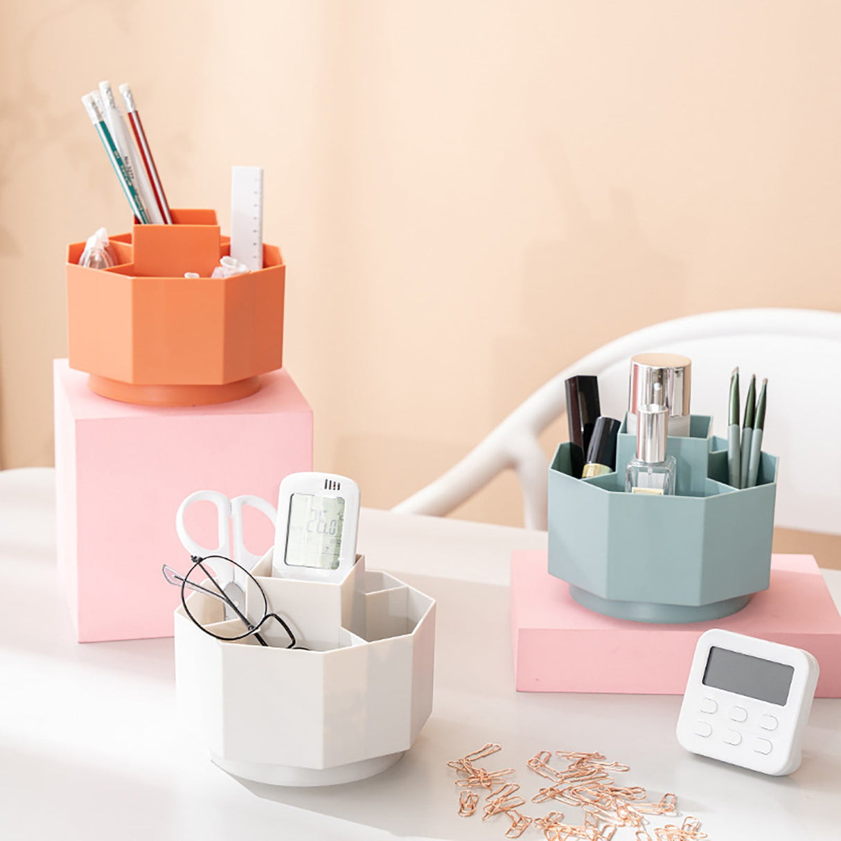 Large Capacity Rotating Pen Holder, Desktop Organizer for Office Supplies, Cosmetics Brushes, 5-Slot Plastic Storage Basket for Desk, Dorm, Kitchen Counter White 5.51x5.51x4.52' 5.51" x 5.51" x 4.52" White