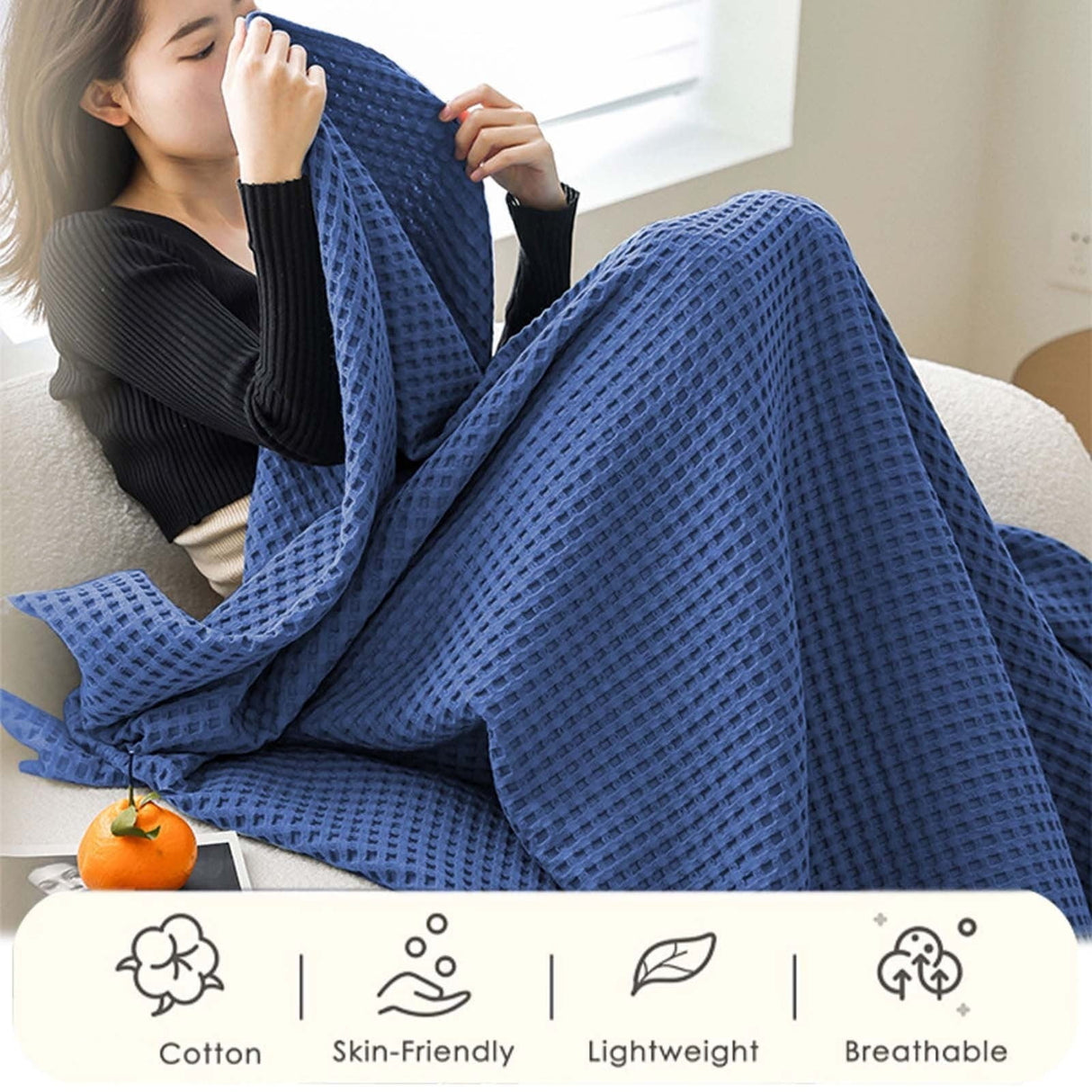 Lightweight Waffle Weave Blanket Queen Size, Breathable & Ultra Soft, 43.30"x 59.05" Soft & Cozy Thin Blanket, Perfect for Summer & Hot Sleepers, Bed, Home Decor - Mediterranea (Blue) 43.30" x 59.05" Blue
