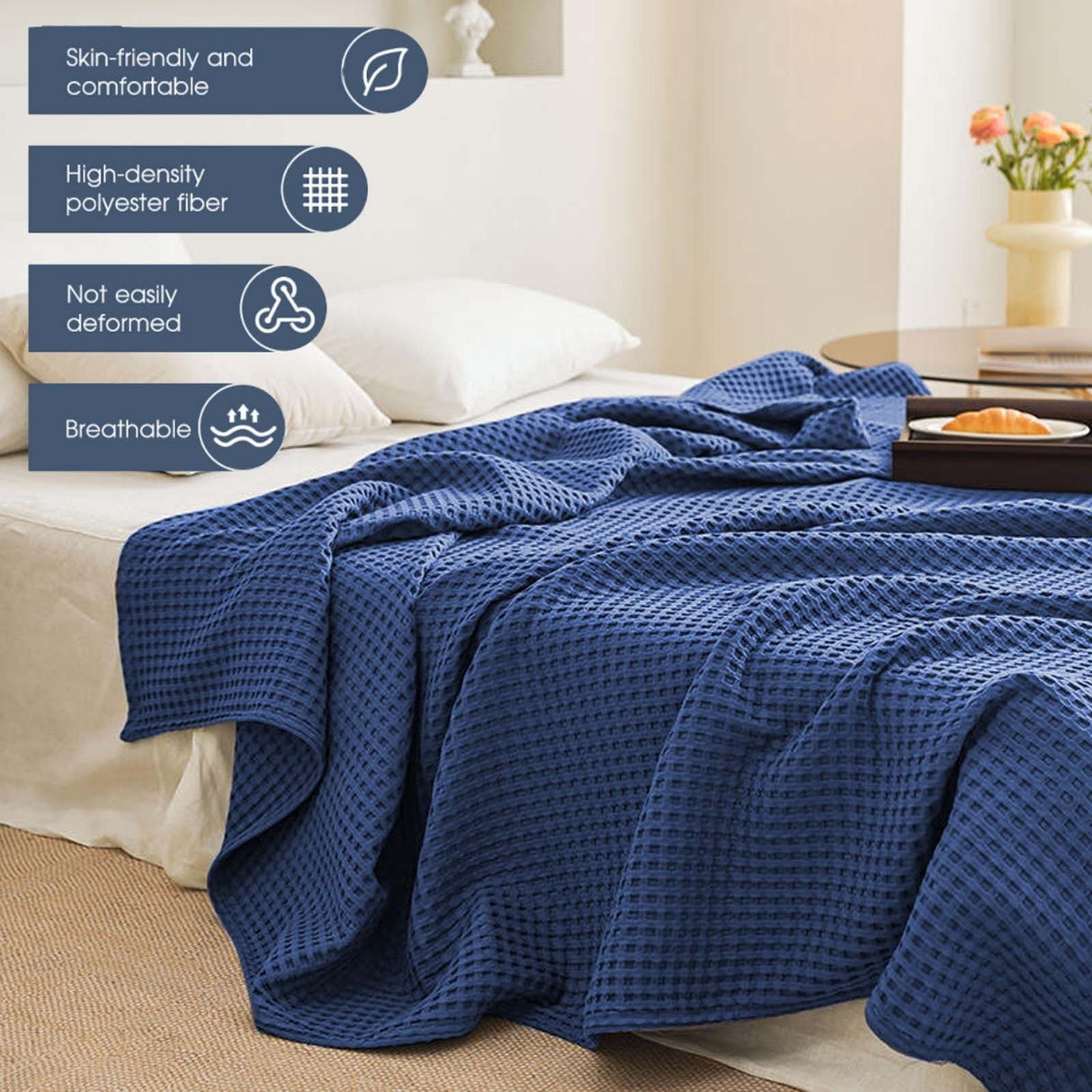 Lightweight Waffle Weave Blanket Queen Size, Breathable & Ultra Soft, 43.30"x 59.05" Soft & Cozy Thin Blanket, Perfect for Summer & Hot Sleepers, Bed, Home Decor - Mediterranea (Blue) 43.30" x 59.05" White