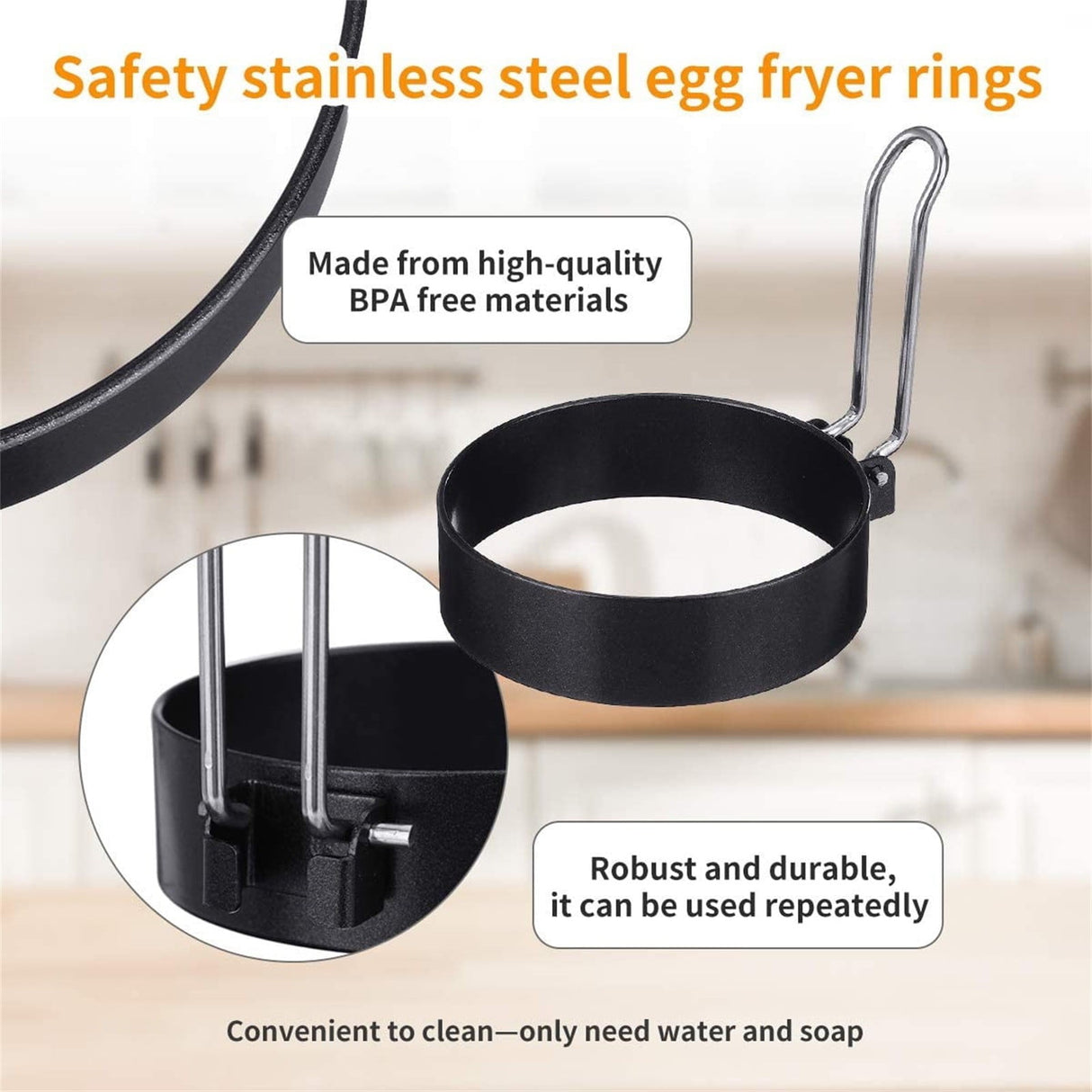 Egg Ring Pancake Ring, Heavy Duty Stainless Steel Fried Egg Molds, Non Stick Griddle Pancake Shapers with Handle for Breakfast Omelette Sandwich, 3.03Inches 3.03" Black