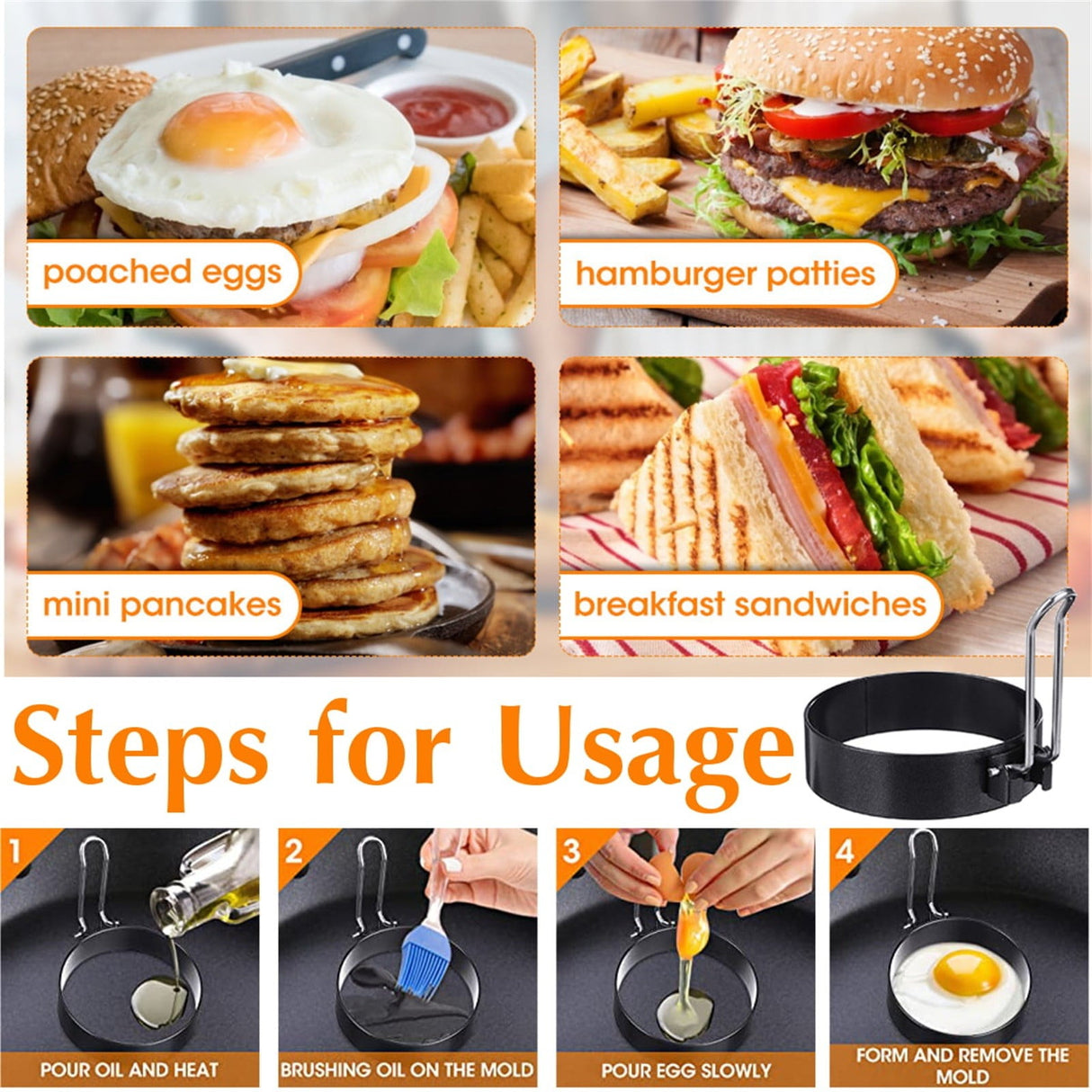 Egg Ring Pancake Ring, Heavy Duty Stainless Steel Fried Egg Molds, Non Stick Griddle Pancake Shapers with Handle for Breakfast Omelette Sandwich, 3.03Inches 3.03" Black