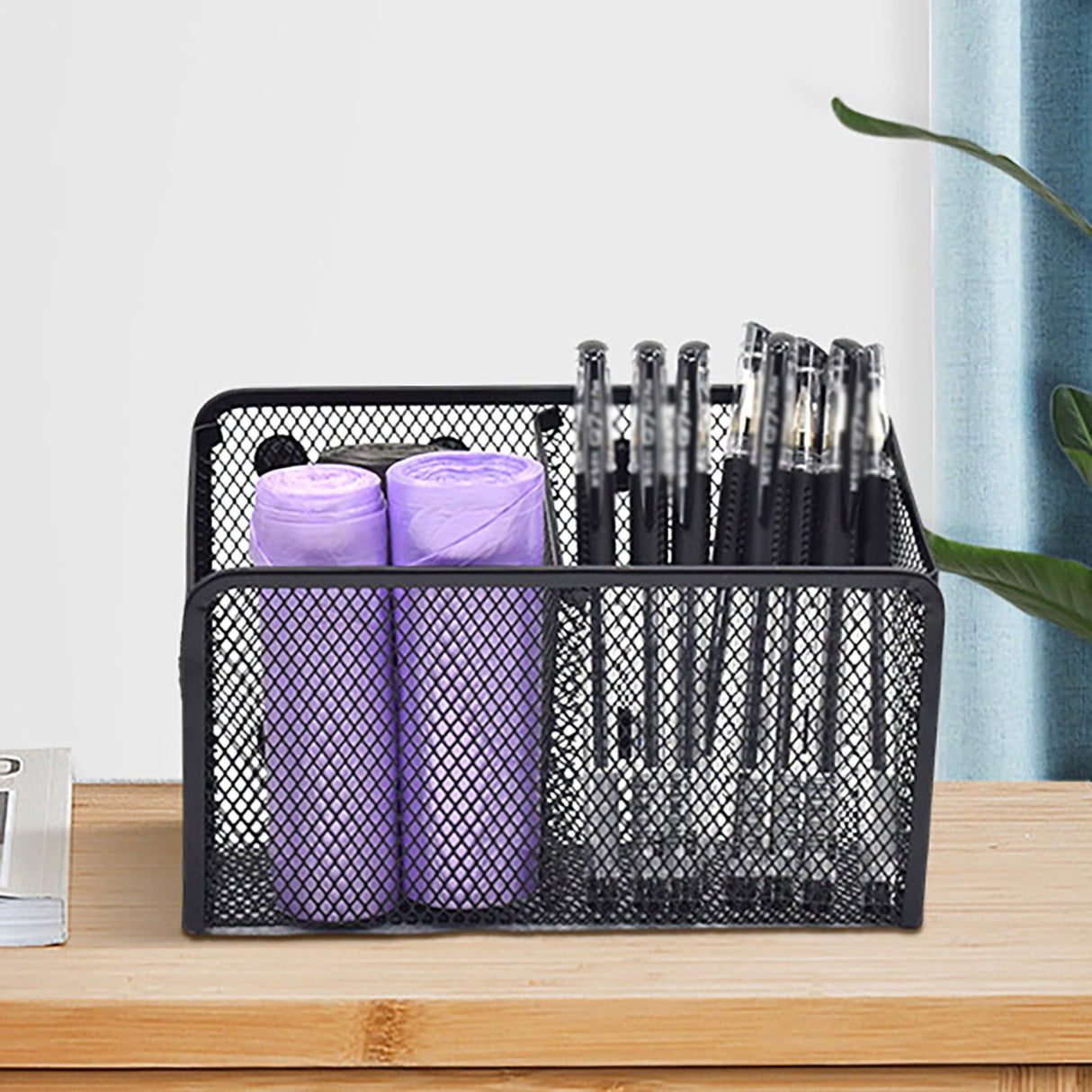 Magnetic Pen Holder, Heavy Duty 2 Slot Mesh Pencil & Marker Organizer for Desk, Extra Strong Magnets for Locker, Refrigerator, Dry Erase Board, Whiteboard Storage Solution, 7.28x2.68x4.92 3.35" x 2.17" x 3.94" Black