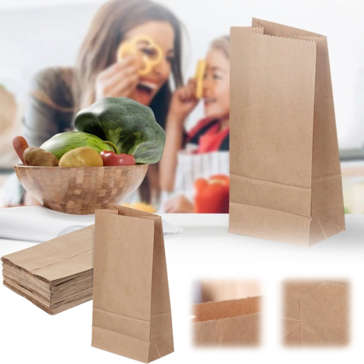 Paper Grocery Bags (50 Pcs Bulk) Heavy Duty Brown Paper Bag, Large Grocery Kraft Sacks, for Takeout, Restaurant, Retail, Shopping, 3.54x2.16x7.08 3.54" x 2.16" x 7.08" Khaki