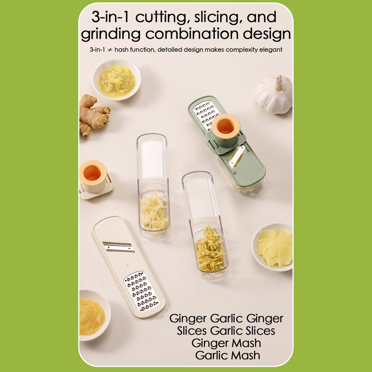 Mini Garlic Slicer Multi-Functional Mandoline Slicer Veggie Garlic Ginger Grinder Vegetable Mandoline Cutter with Container,Household Stainless Steel Wireslicer Ginger, Garlic Hand Cutting Tool Green